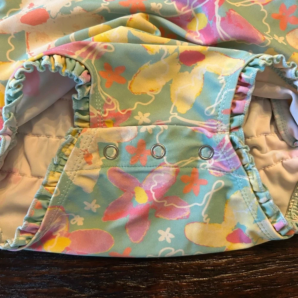 Ruffle Butts Pastel Pink / Aqua Floral Long Sleeve One piece Swimsuit Rash Guard